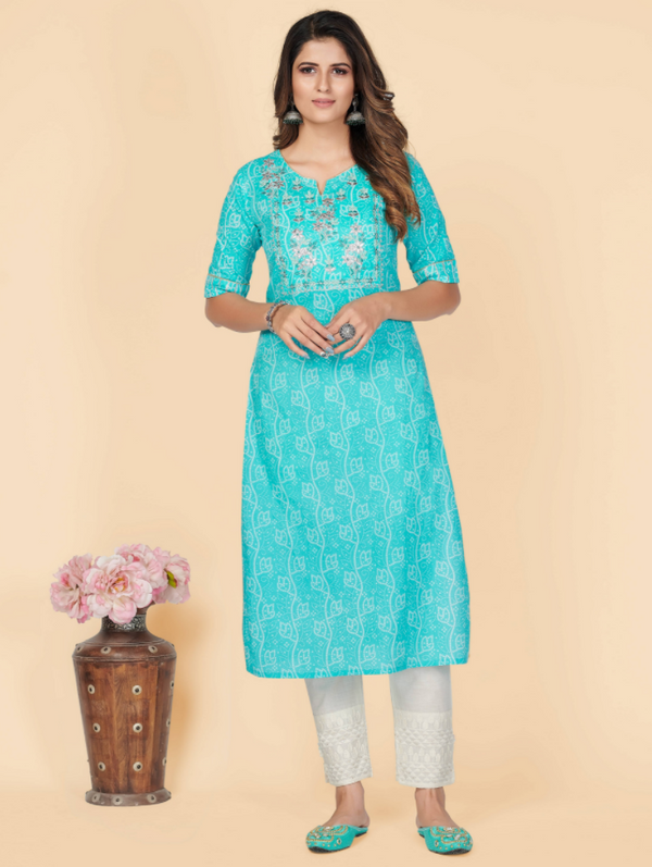 Women's Printed & Embroidered Straight Cotton Sky Blue Stitched Kurta (1Pc) - Vbuyz