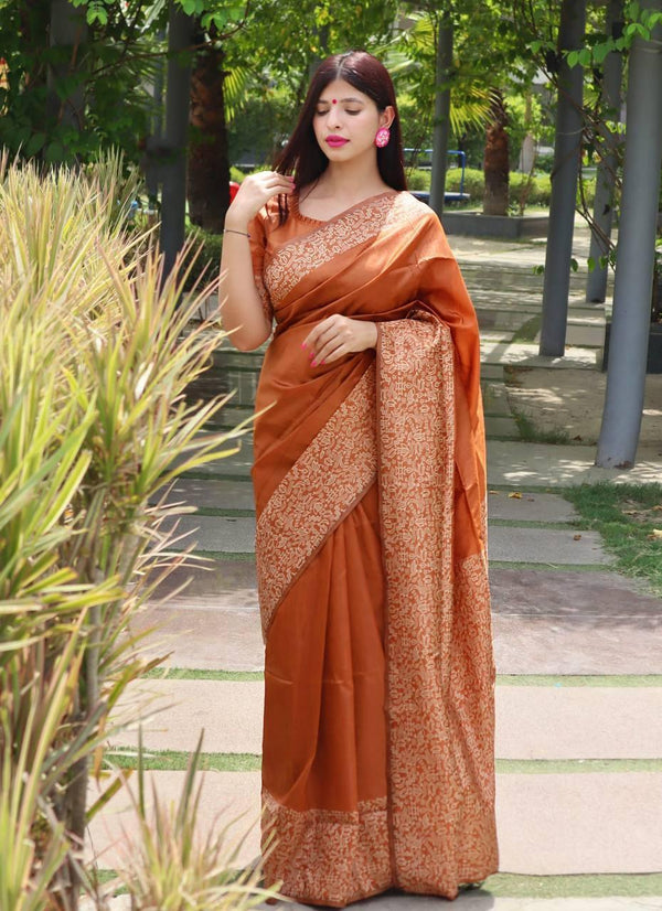 Dusty Orange Banglori Handloom Raw Silk Saree - Indiakreations