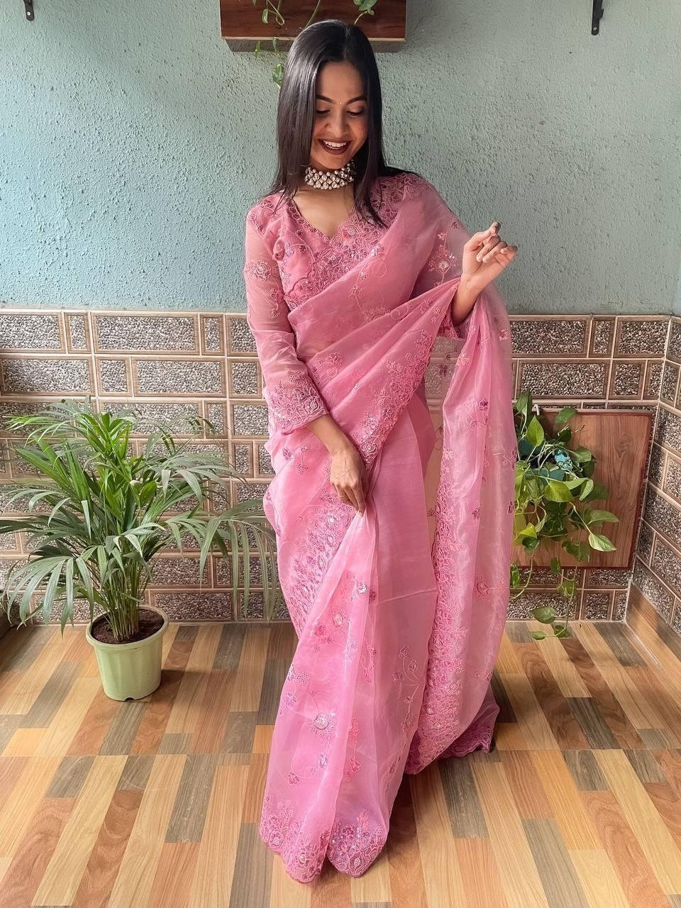 Dusty Pink Organza Embroidery Saree - Indiakreations