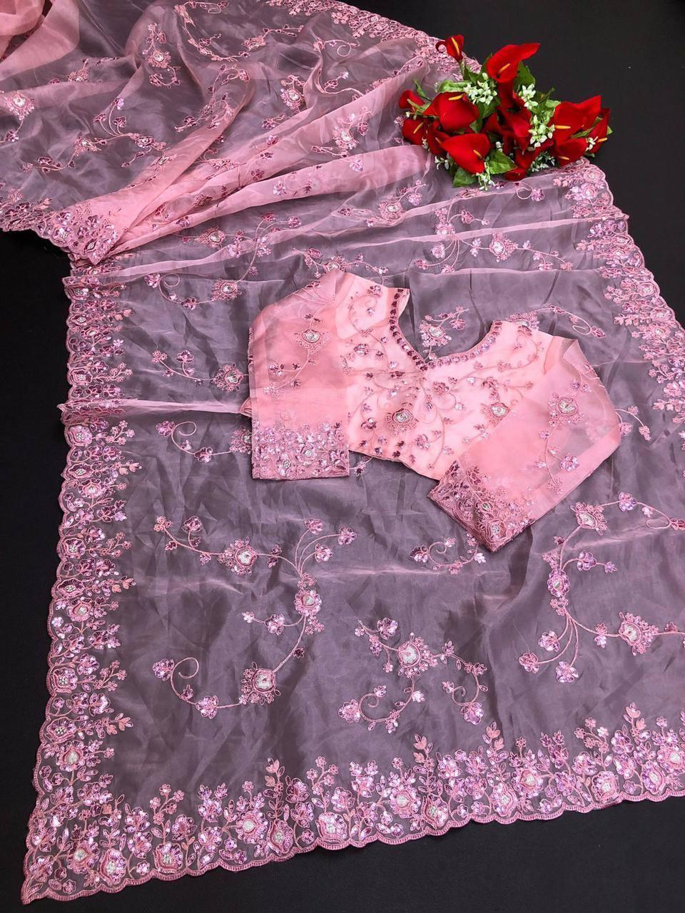 Dusty Pink Organza Embroidery Saree - Indiakreations