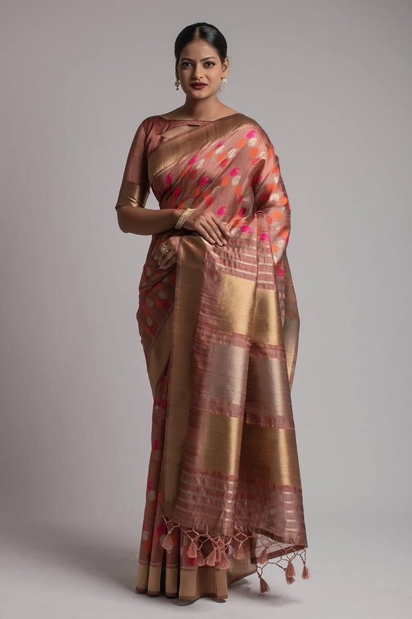 Dusty Pink Paisley Kadampalli Tussar Silk Saree - Indiakreations