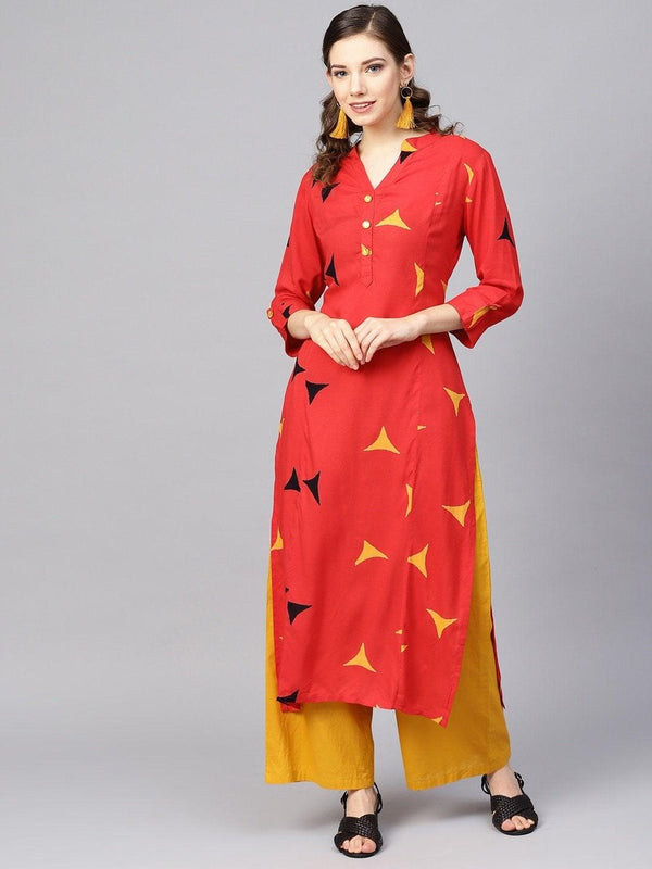 Women's Red & Mustard Yellow Printed Straight Kurta - Meeranshi - Indiakreations