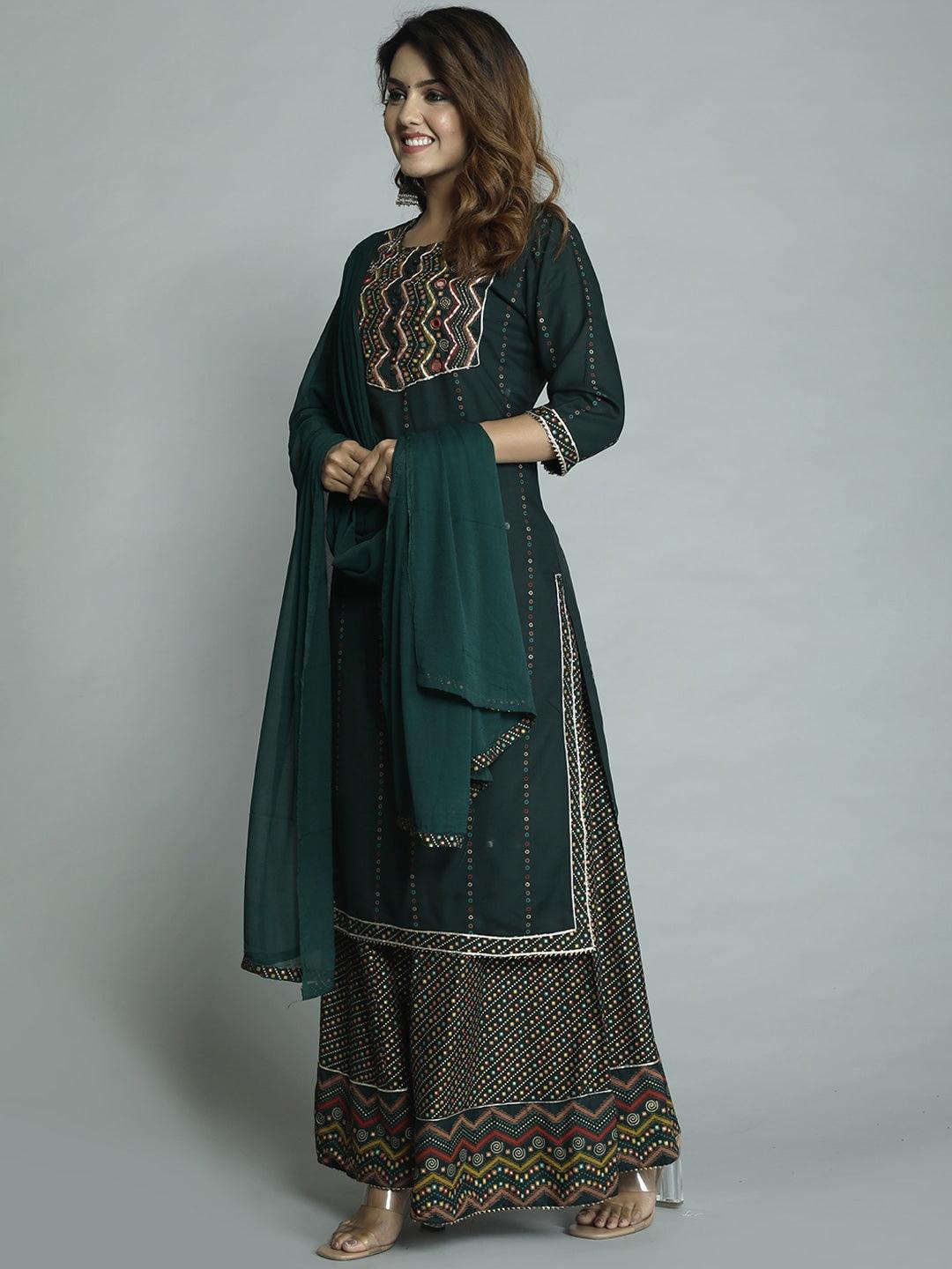 Women's Green Ethnic Motifs Embroidered Panelled Kurta With Sharara & With Dupatta - Noz2Toz - Indiakreations