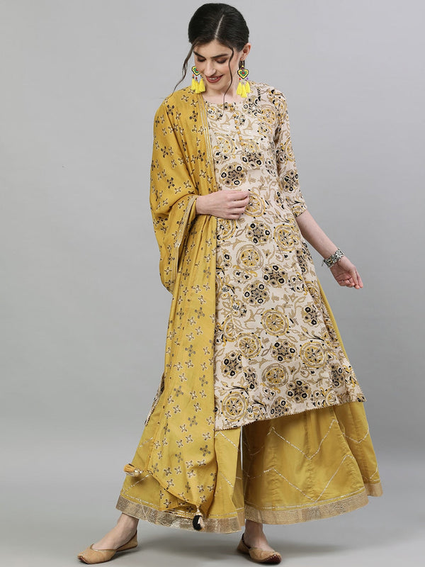 Women's Rayon Off White & Mustard Zari Embellished A-Line Kurta Sharara Dupatta Set - Ishin