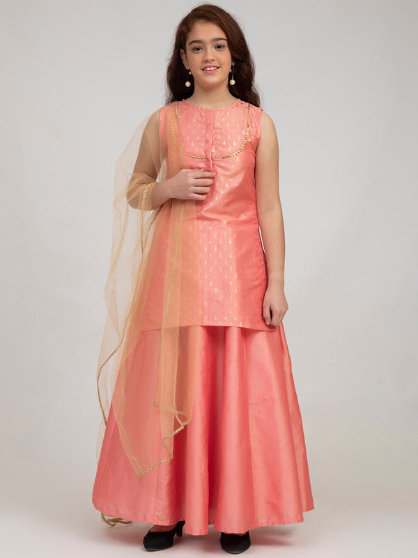 Girl's Peach-Coloured & Gold-Toned Printed Ready to Wear Lehenga Choli - NOZ2TOZ KIDS