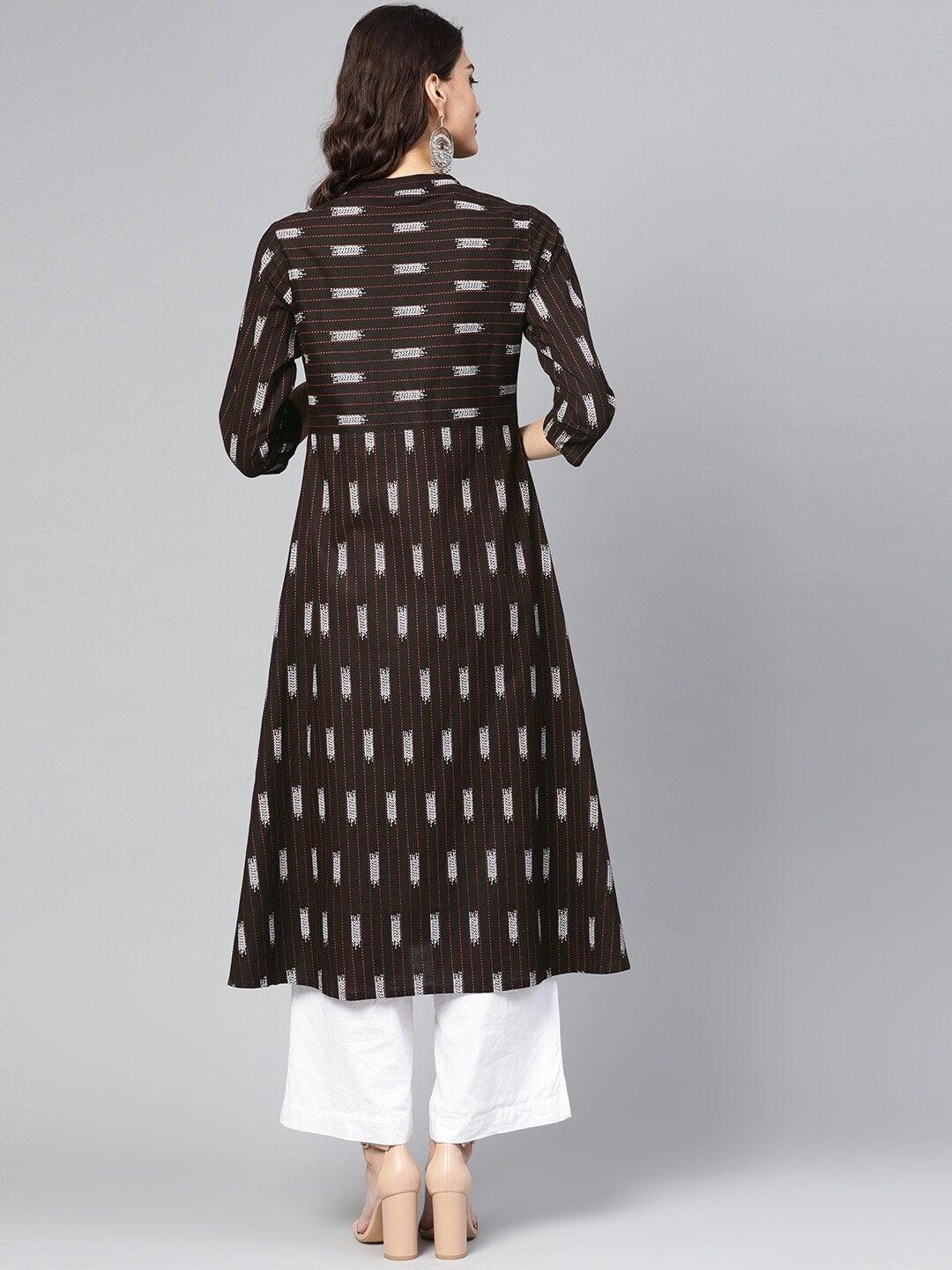 Women's Brown & Black Striped A-Line Kurta - Meeranshi - Indiakreations