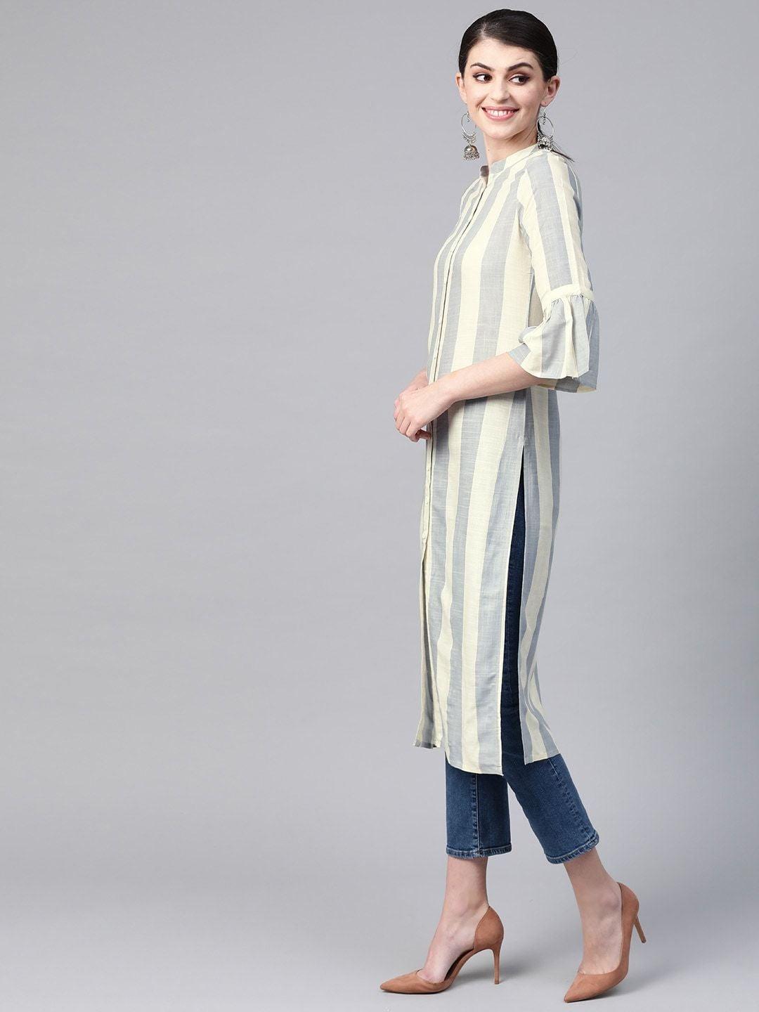 Women's Grey & Cream-Coloured Striped Straight Kurta - Meeranshi - Indiakreations