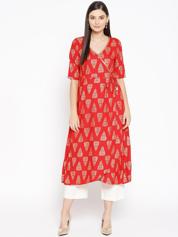 Women's Red & Golden Printed Angrakha A-Line Kurta - NOZ2TOZ - Indiakreations