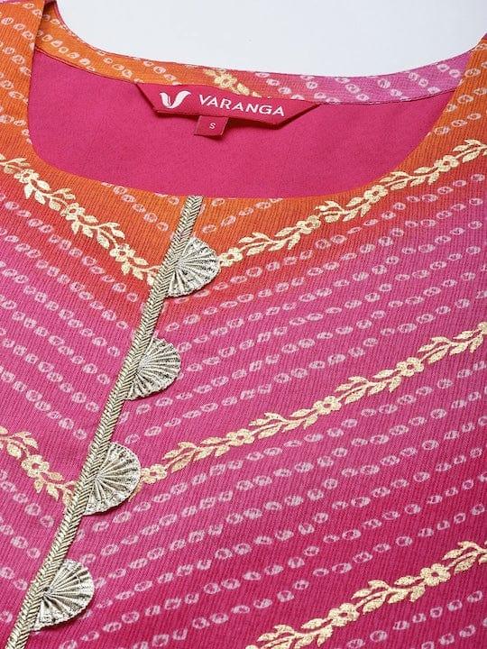 Varanga Women Pink & Orange Bandhani Printed Chanderi Silk Kurta - Indiakreations