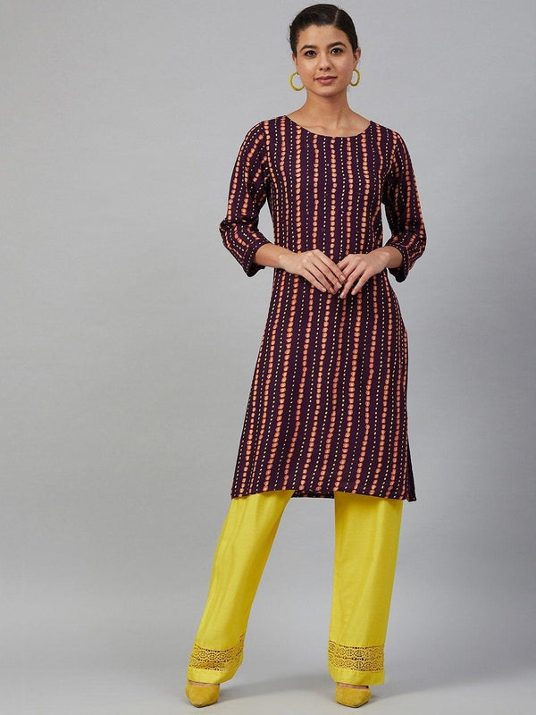 Women's Wine-Coloured & Mustard Yellow Striped Straight Kurta - Meeranshi - Indiakreations