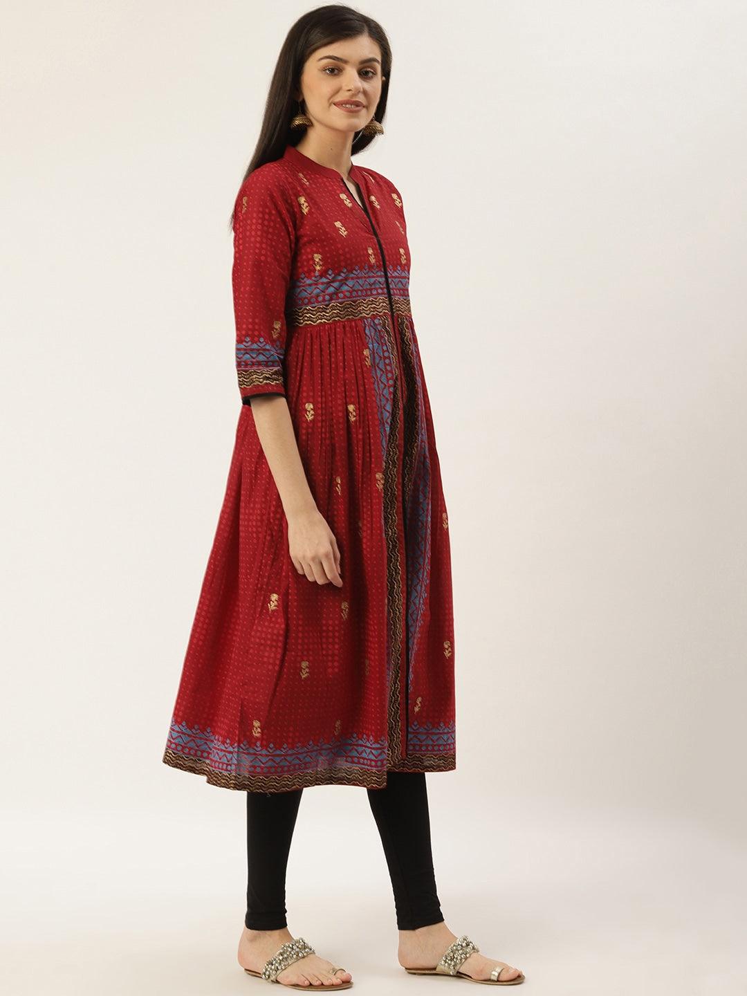 Women's Maroon & Golden Block Printed High Slit A-Line Kurta - Noz2Toz - Indiakreations