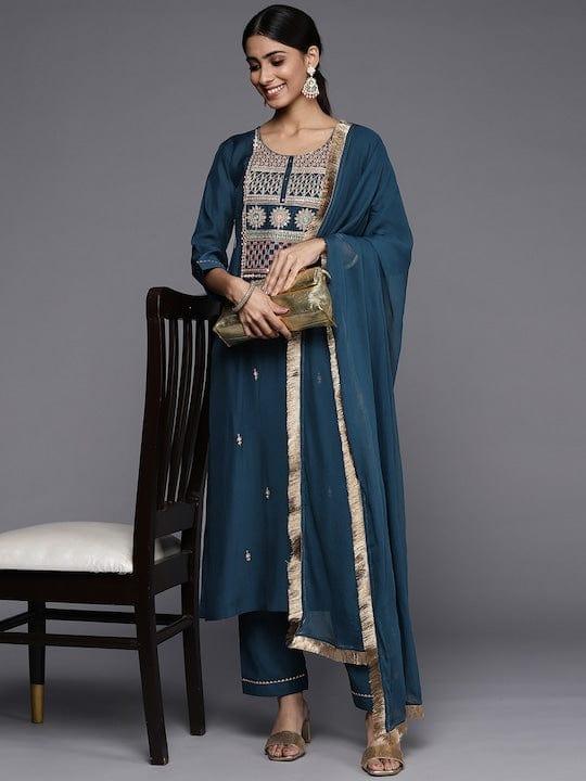 Varanga Women Teal Ethnic Motifs Embroidered Kurta with Trousers & With Dupatta - Indiakreations