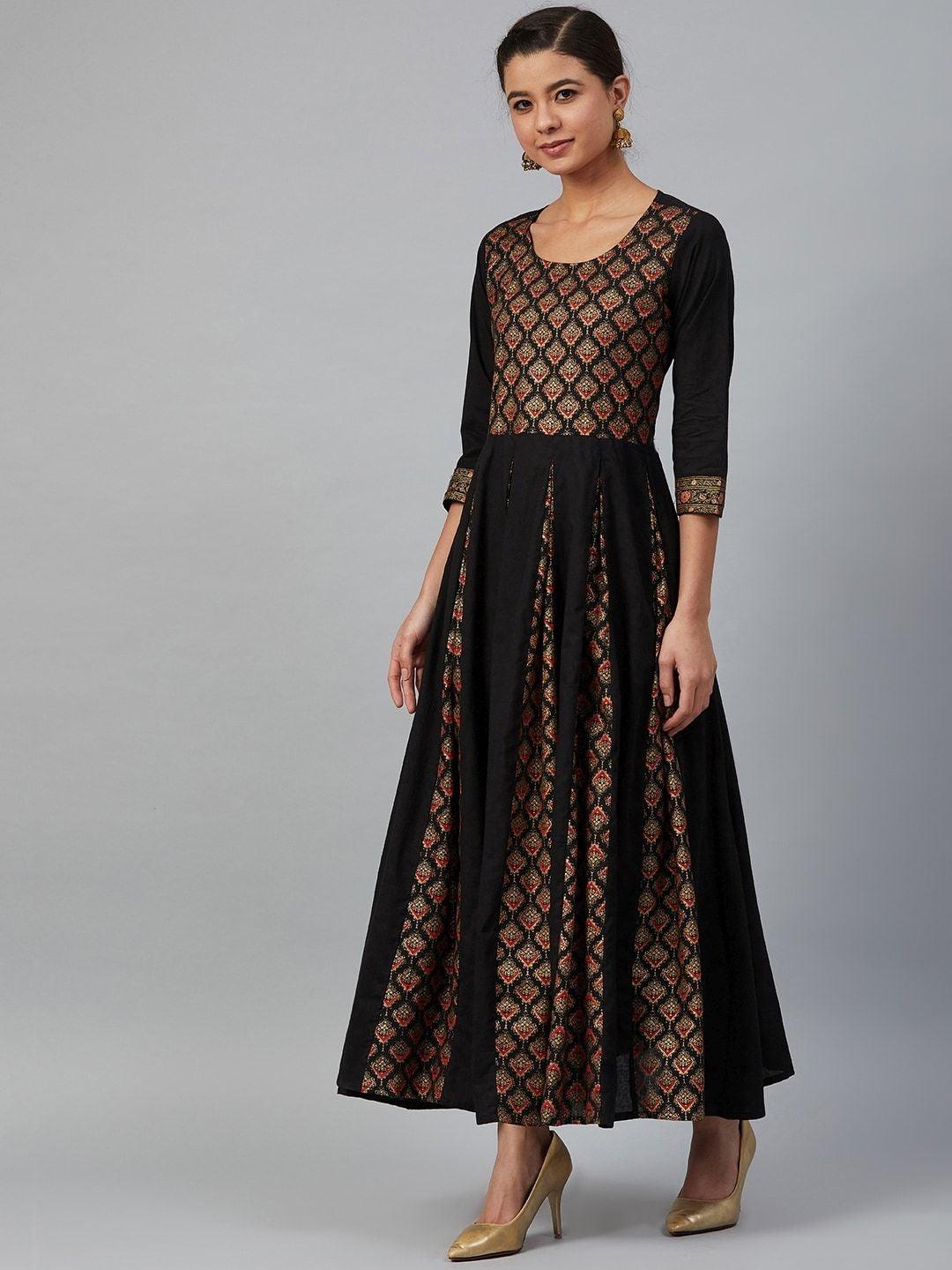 Women's Black & Golden Printed Anarkali Kurta - Meeranshi - Indiakreations