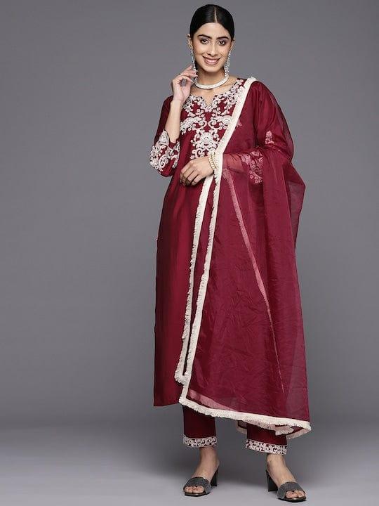 Varanga Women Embroidered Thread Work Kurta With Trousers & Dupatta - Indiakreations