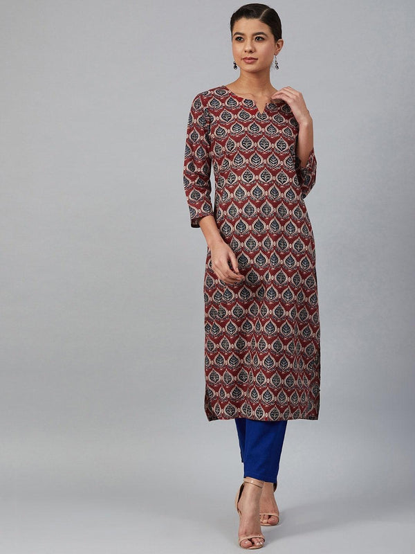 Women's Maroon & Navy Blue Printed Straight Kurta - Meeranshi - Indiakreations