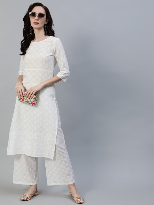 Women Off White Straight Block Print Pure Cotton Kurta & Palazzos | NOZ2TOZ - Made In INDIA.