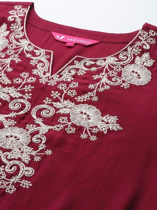 Varanga Women Embroidered Thread Work Kurta With Trousers & Dupatta - Indiakreations