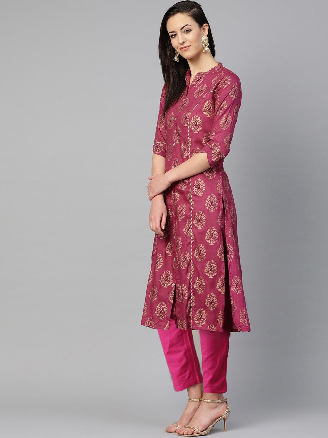 Women's Cotton Purple Foil Printed Gota Patti A-Line Kurta - Ishin - Indiakreations