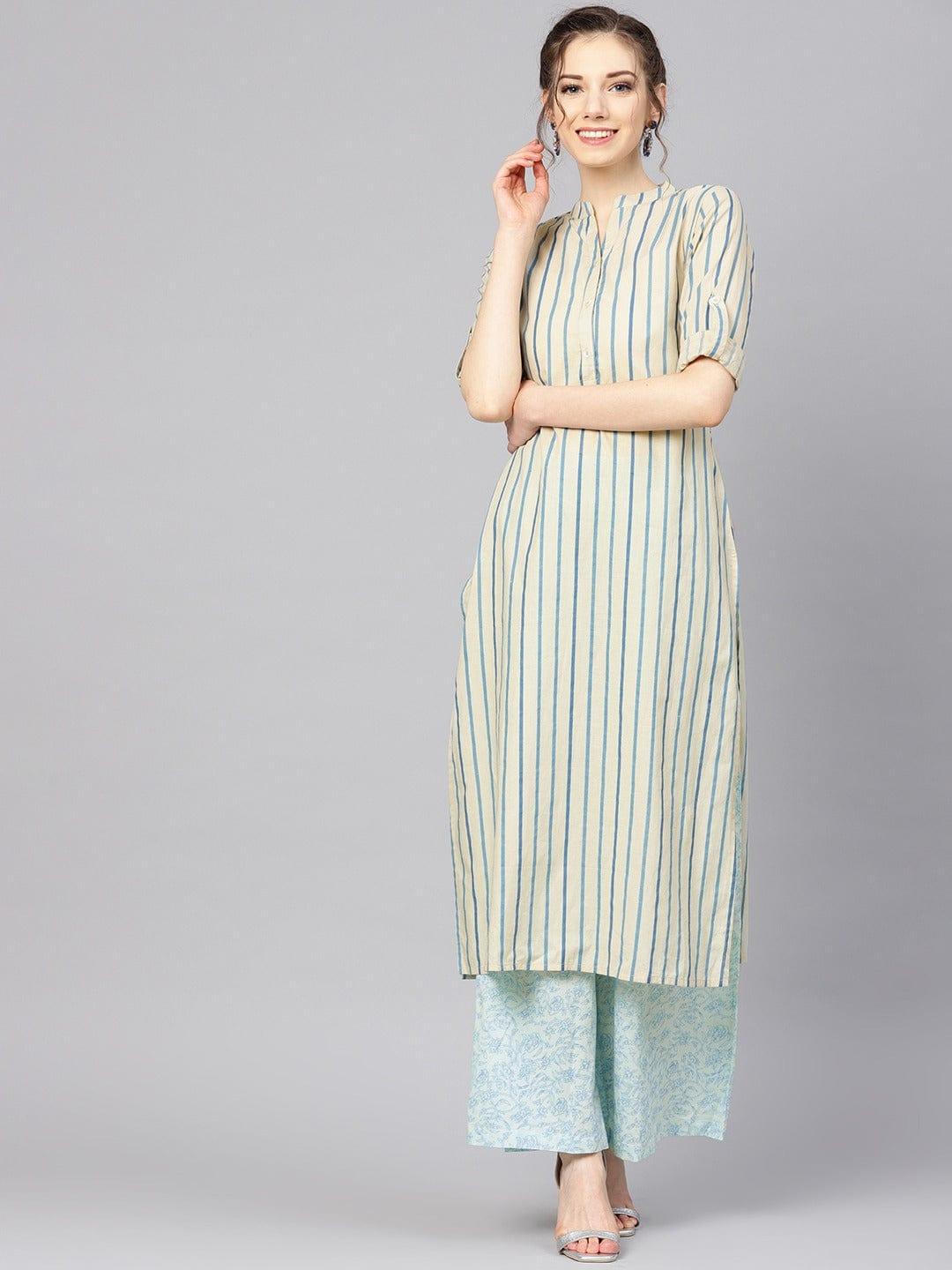 Beige & Blue Striped Kurta with Palazzos - Indiakreations