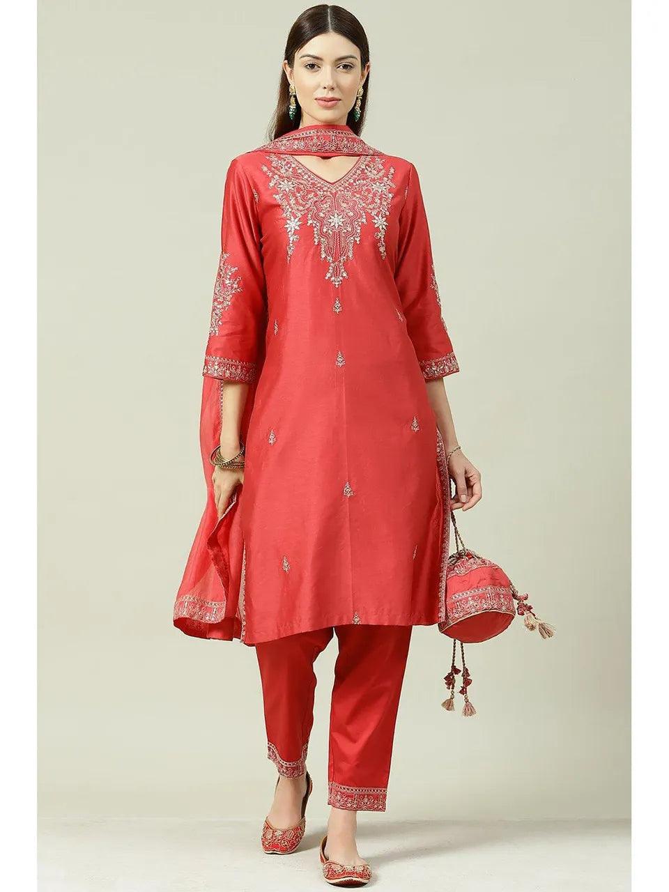 Women's Coral Red Straight Suit (Set of 4) - BIBA - Indiakreations