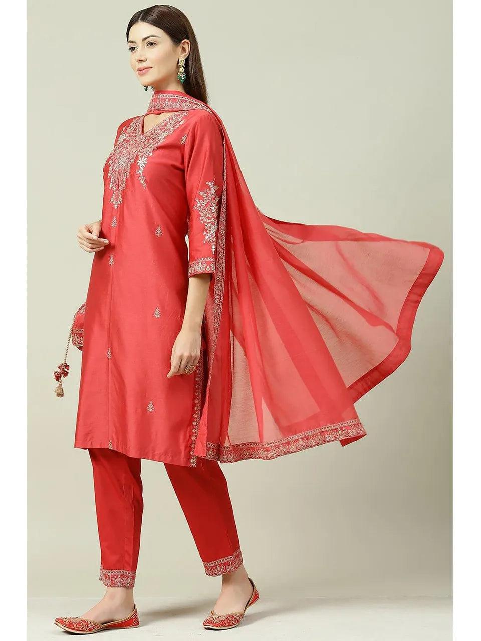 Women's Coral Red Straight Suit (Set of 4) - BIBA - Indiakreations