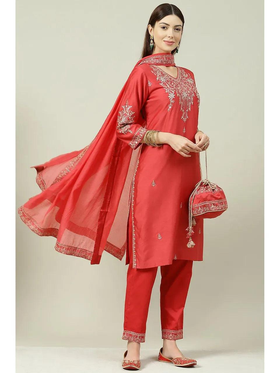 Women's Coral Red Straight Suit (Set of 4) - BIBA - Indiakreations