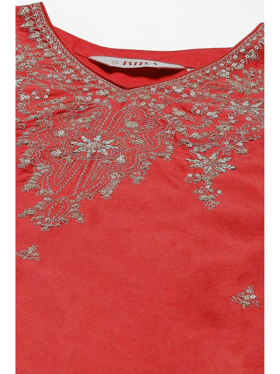 Women's Coral Red Straight Suit (Set of 4) - BIBA - Indiakreations