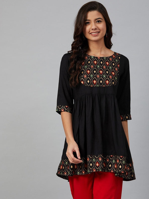 Women's Black & Golden Yoke Design A-Line Kurti - Meeranshi