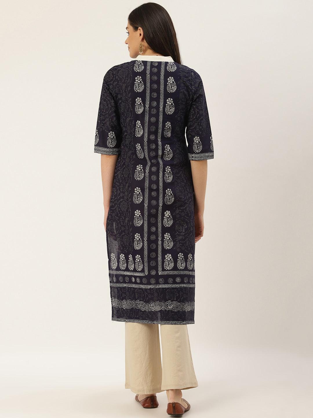 Women's Navy Blue & Off-White Printed Straight Kurta - NOZ2TOZ - Indiakreations