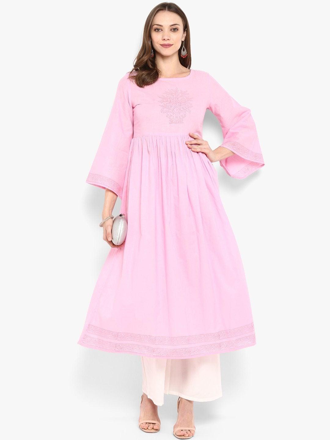 Women's Pink Solid A-Line Kurta - Meeranshi - Indiakreations