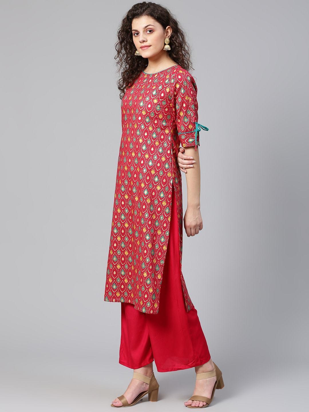 Women's Red & Green Printed Straight Kurta - Meeranshi - Indiakreations