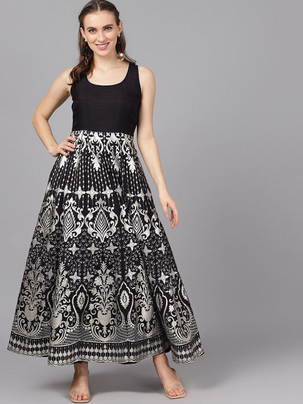 Women's Black & Silver-Toned Printed Maxi Dress - AKS - Indiakreations