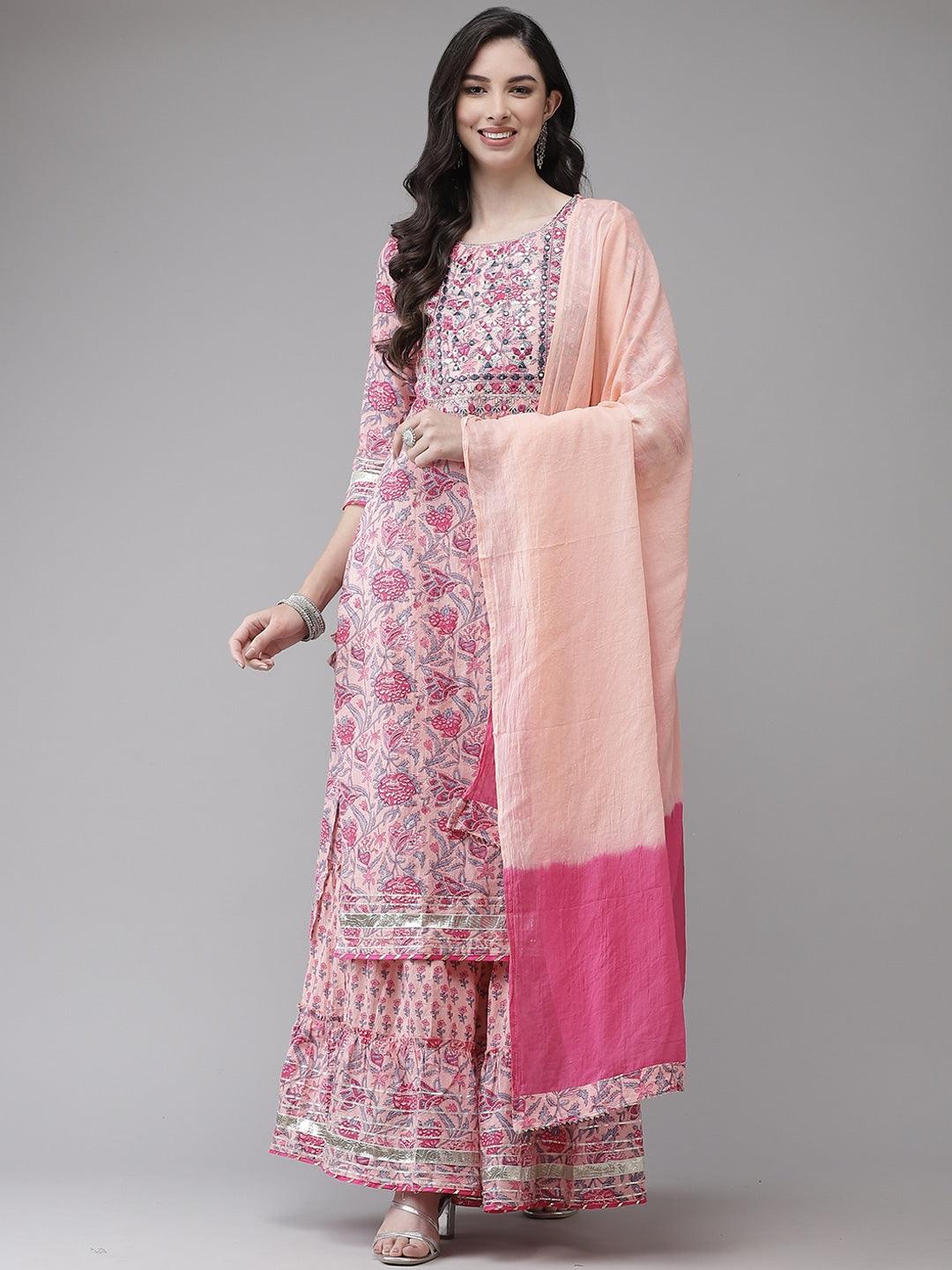 Women Pink Cotton Kurta with Sharara & Dupatta by Ishin (3pcs Set) - Indiakreations