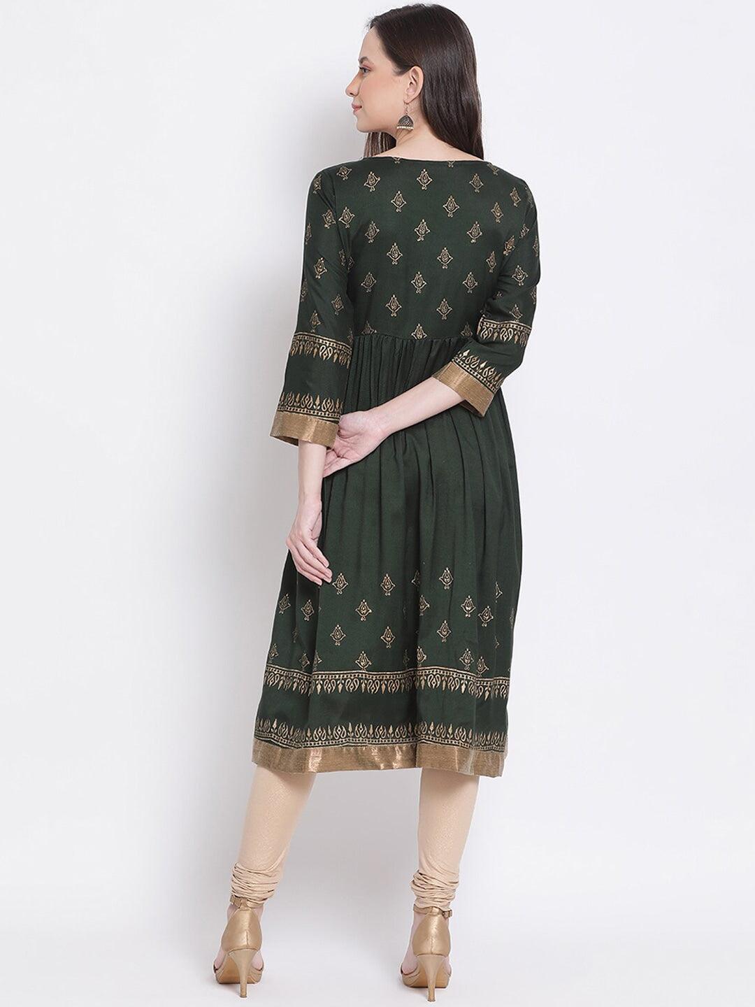 Women's Green & Dark Charcoal Ethnic Motifs Printed Anarkali Kurta - Noz2Toz - Indiakreations