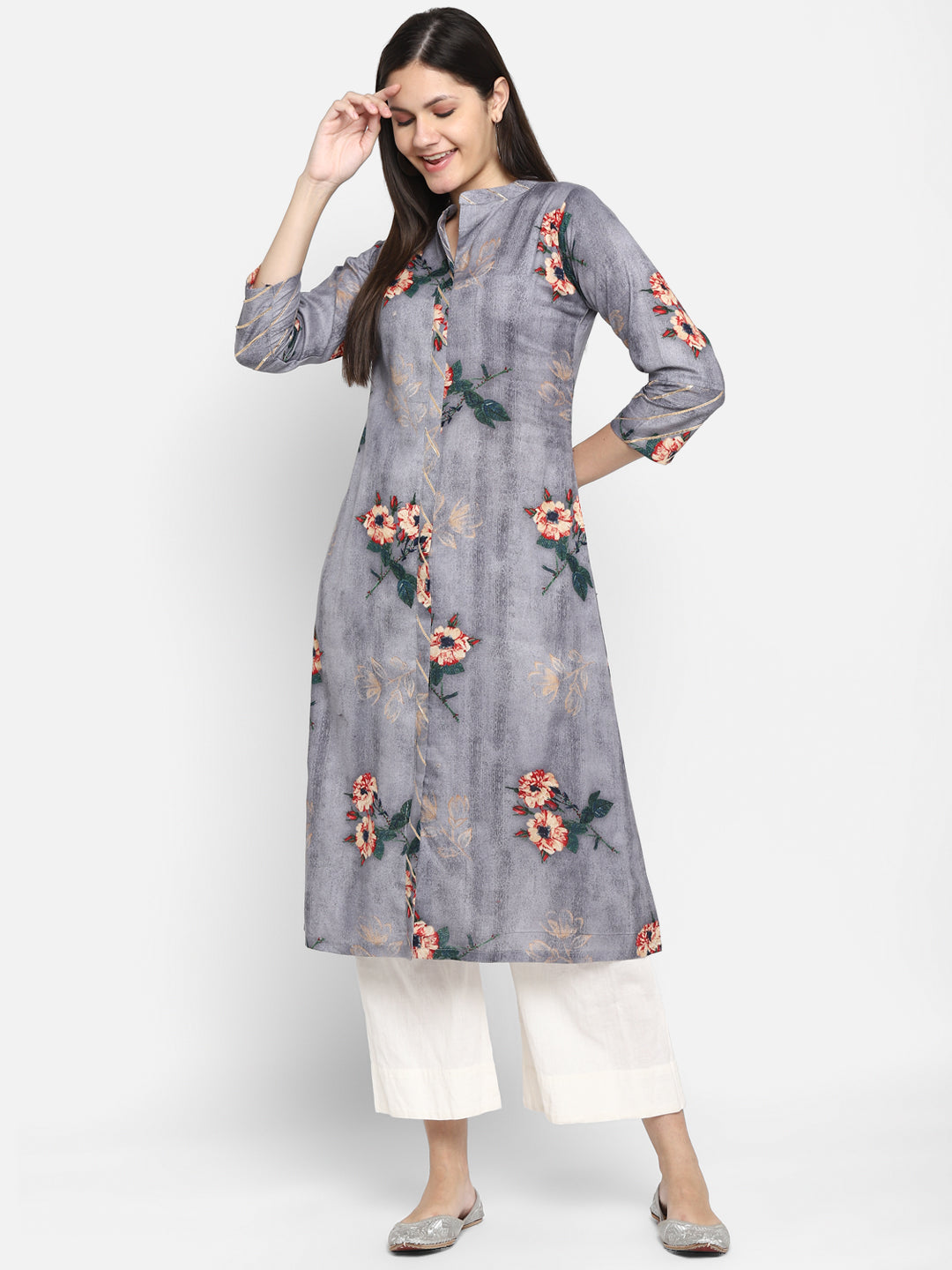 Women's Grey Color Cotton Blend Straight Floral Printed Kurta - Vaaba