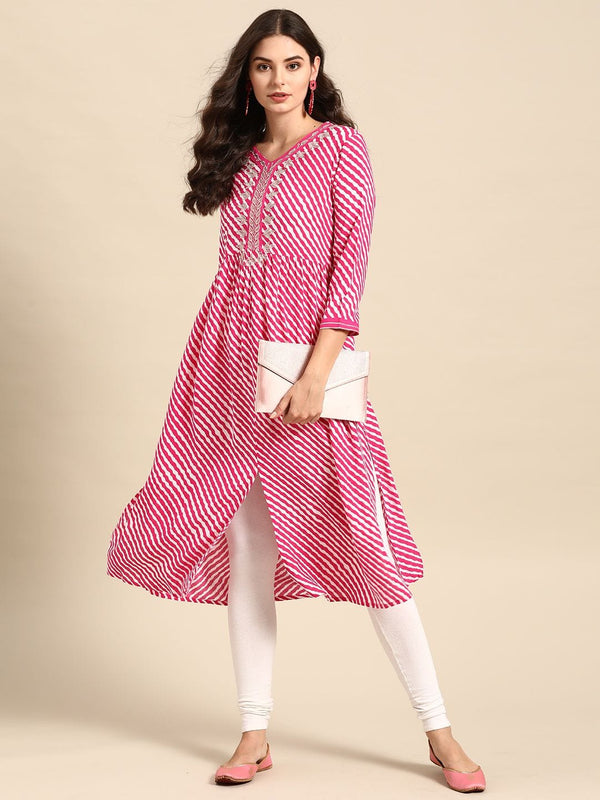 Women's Pink & White Striped A-Line Kurta - Varanga