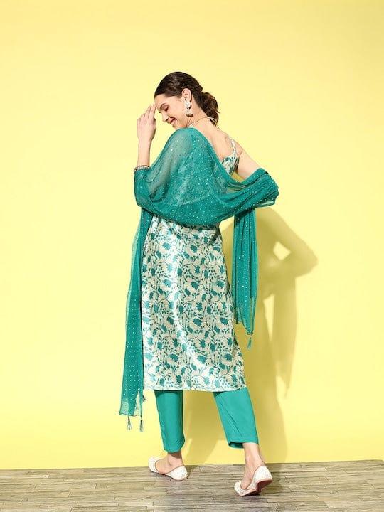 Varanga Women Green Floral Printed Chanderi Silk Kurta With Trousers & Dupatta - Indiakreations