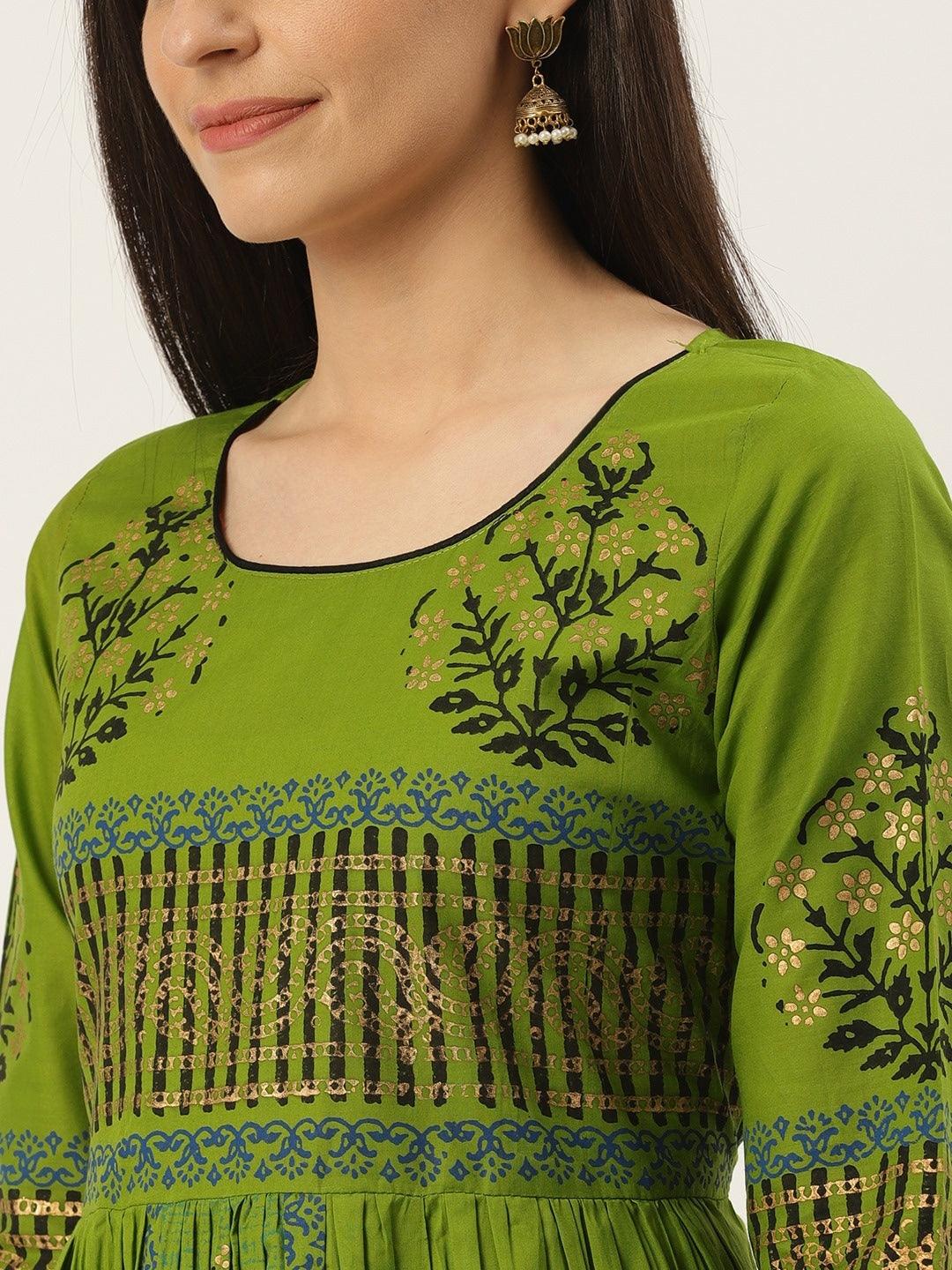 Women's Green & Black Block Print A-Line Kurta - Noz2Toz - Indiakreations