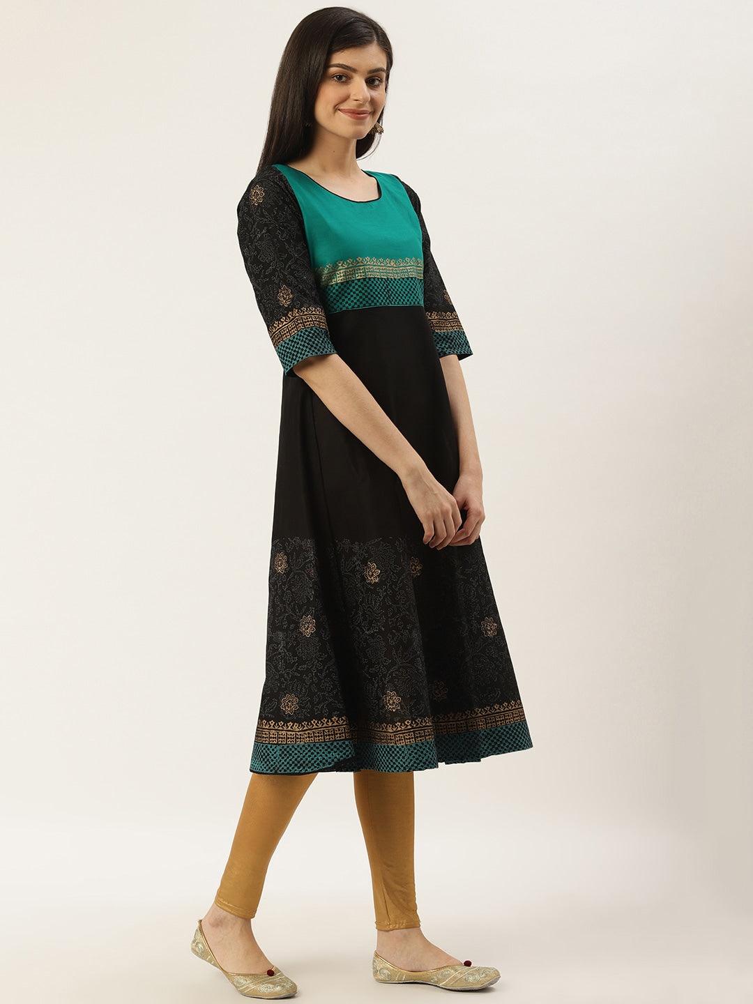 Women's Black & Green Block Print A-Line Kurta - Wahe-Noor - Indiakreations