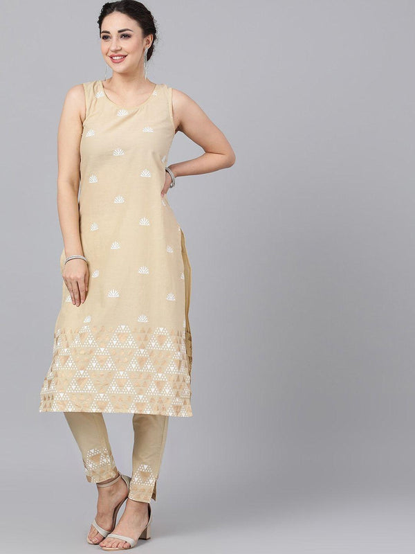 Women's Beige Embroidered Kurta with Trousers - AKS - Indiakreations