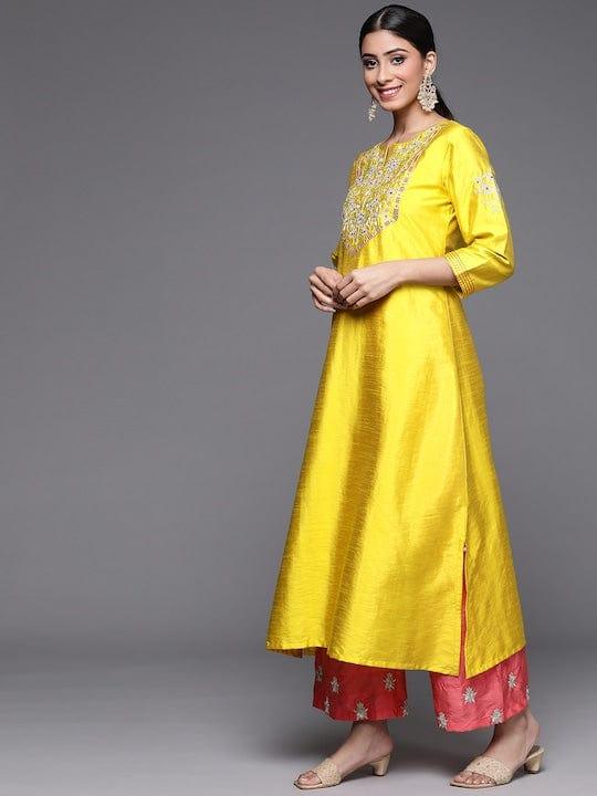 Varanga Women Mustard Yellow Floral Embroidered Kurta with Trousers & Dupatta - Indiakreations