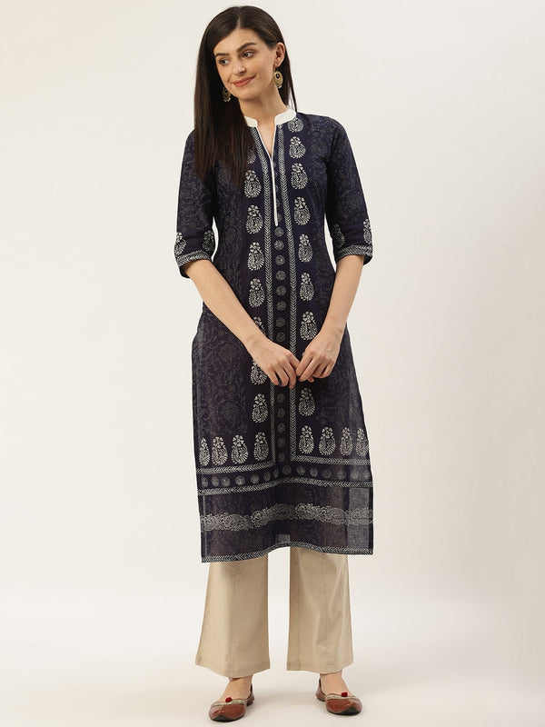 Women's Navy Blue & Off-White Printed Straight Kurta - Noz2Toz