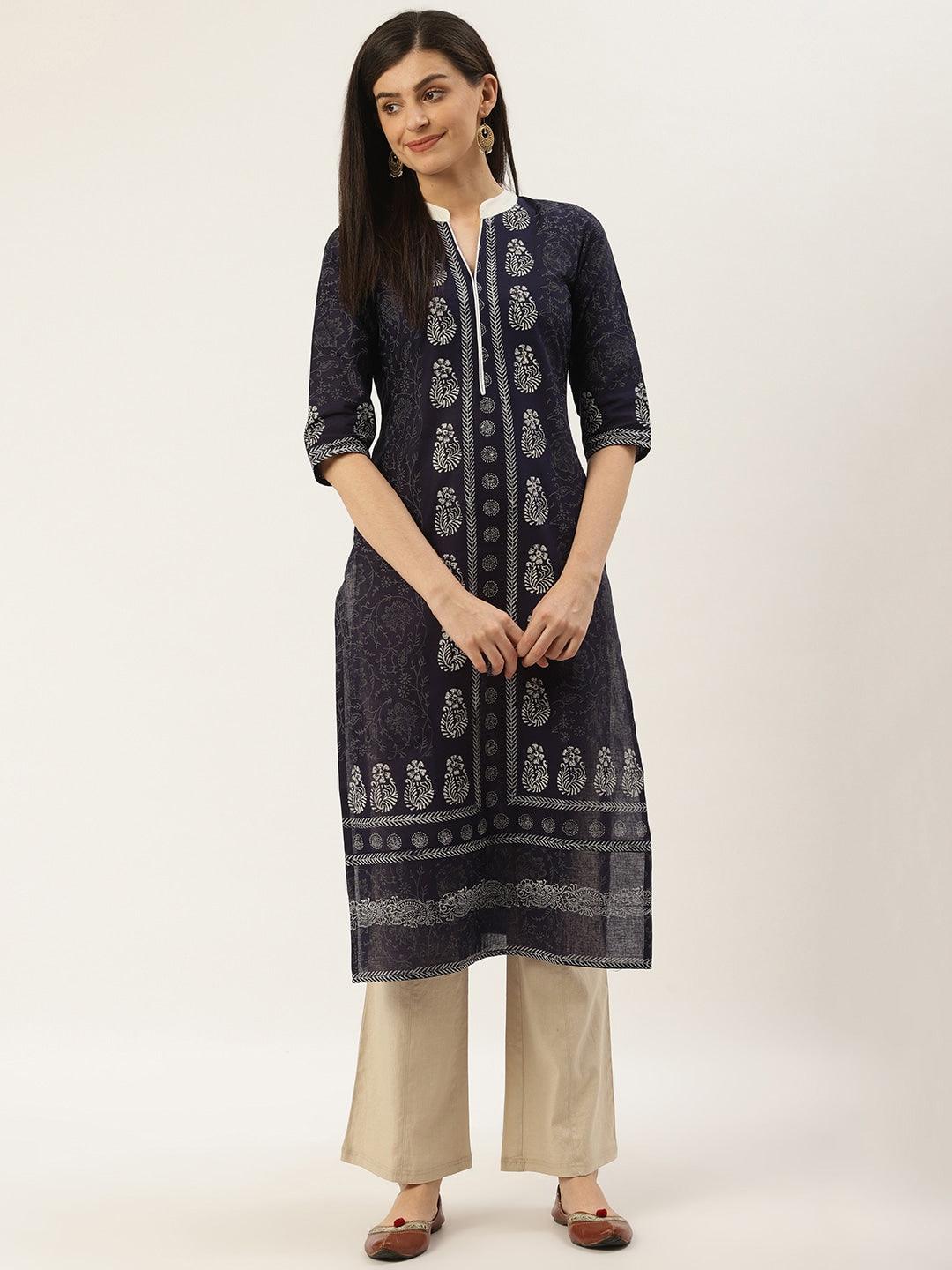 Women's Navy Blue & Off-White Printed Straight Kurta - NOZ2TOZ - Indiakreations