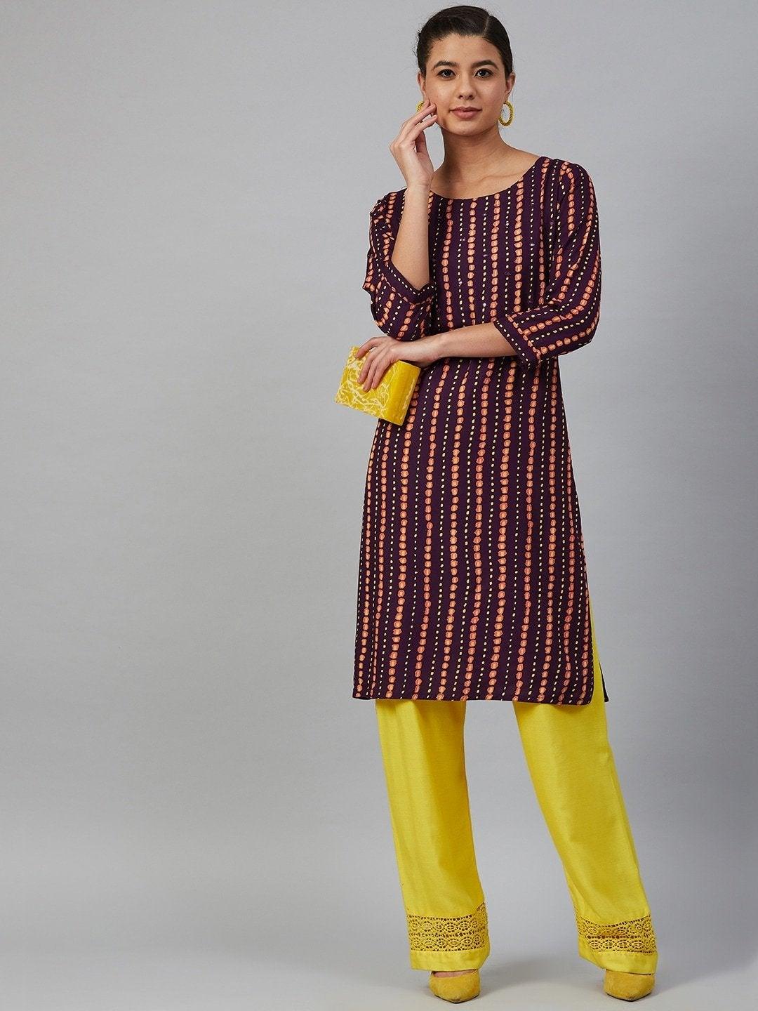 Women's Wine-Coloured & Mustard Yellow Striped Straight Kurta - Meeranshi - Indiakreations