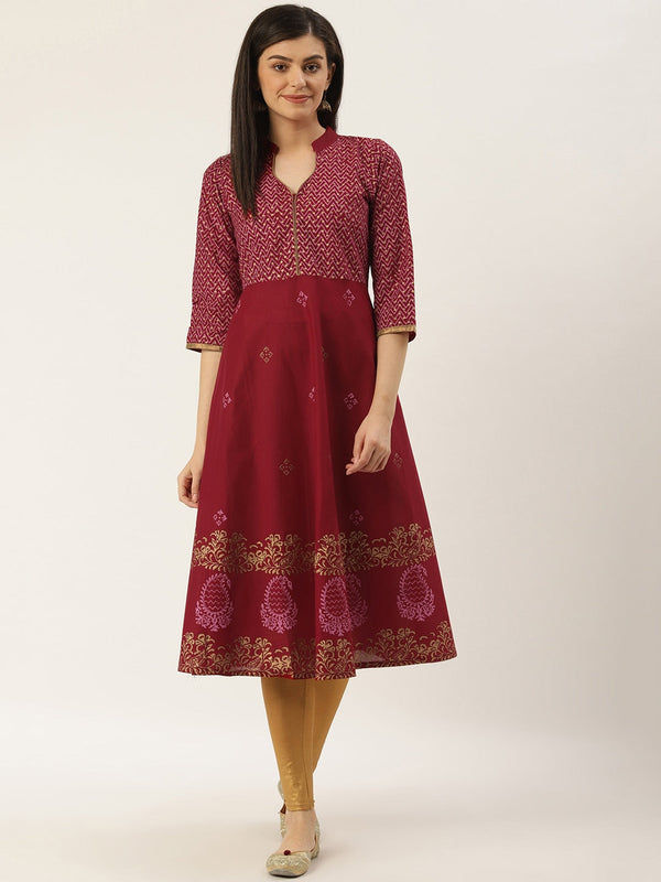 Women's Maroon Printed Anarkali Kurta - Noz2Toz