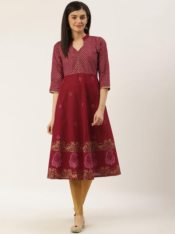 Women's Maroon Printed Anarkali Kurta - NOZ2TOZ - Indiakreations