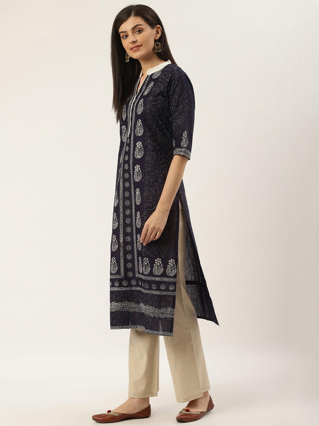 Women's Navy Blue & Off-White Printed Straight Kurta - NOZ2TOZ - Indiakreations