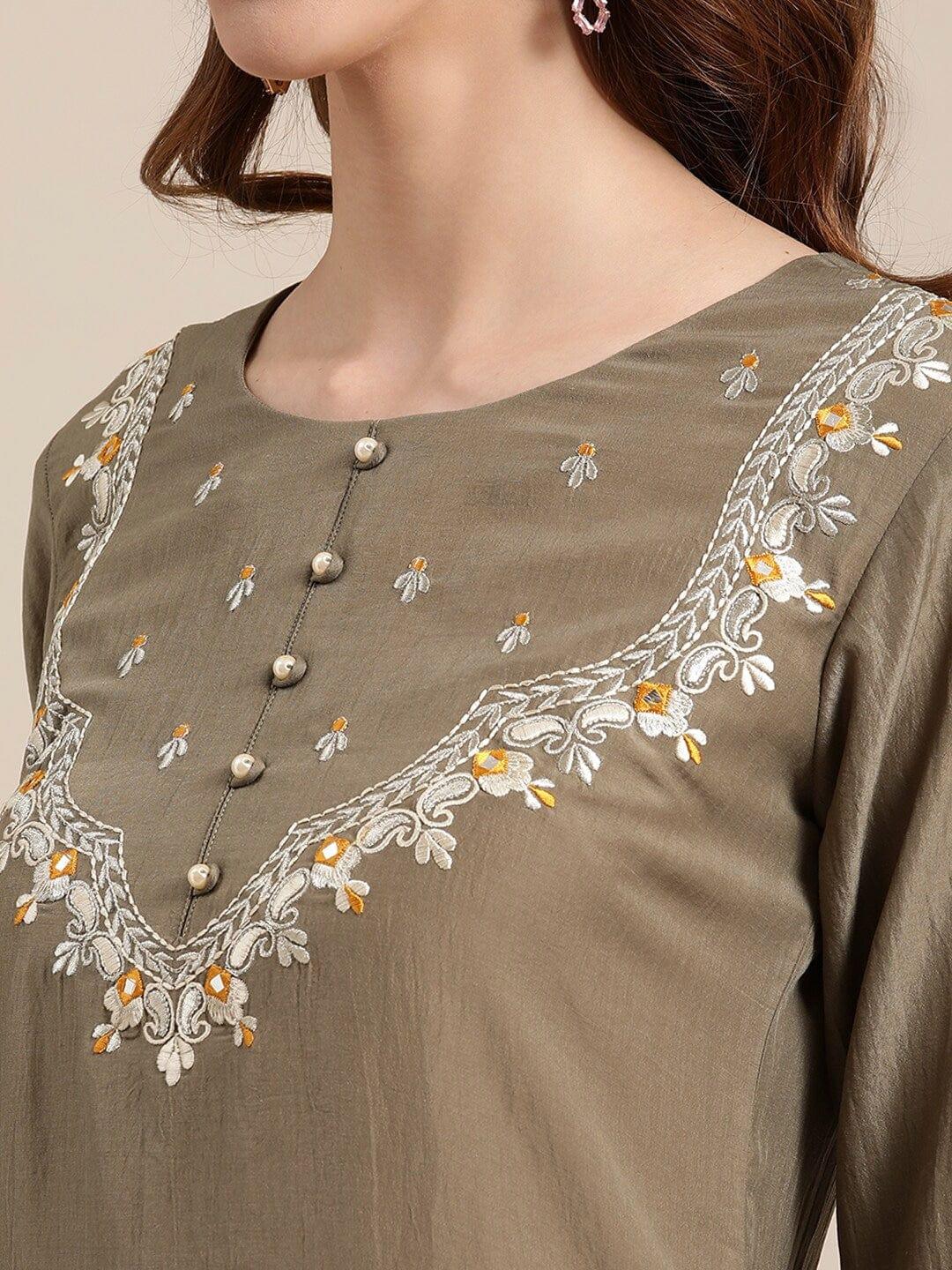 Olive Floral Embroidered Kurta with Trousers - Indiakreations