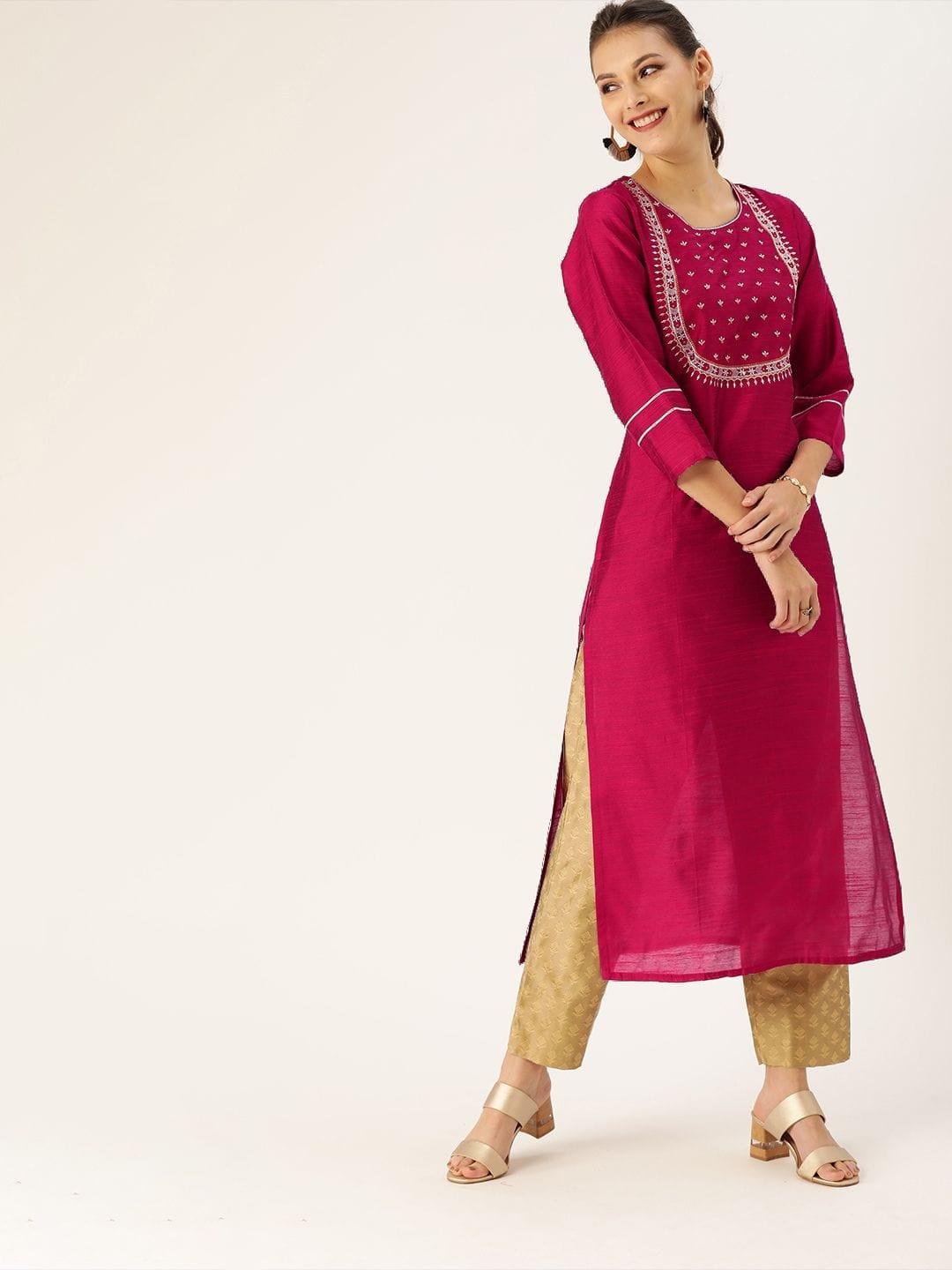 Women Magenta & White Embellished Straight Kurta - Indiakreations