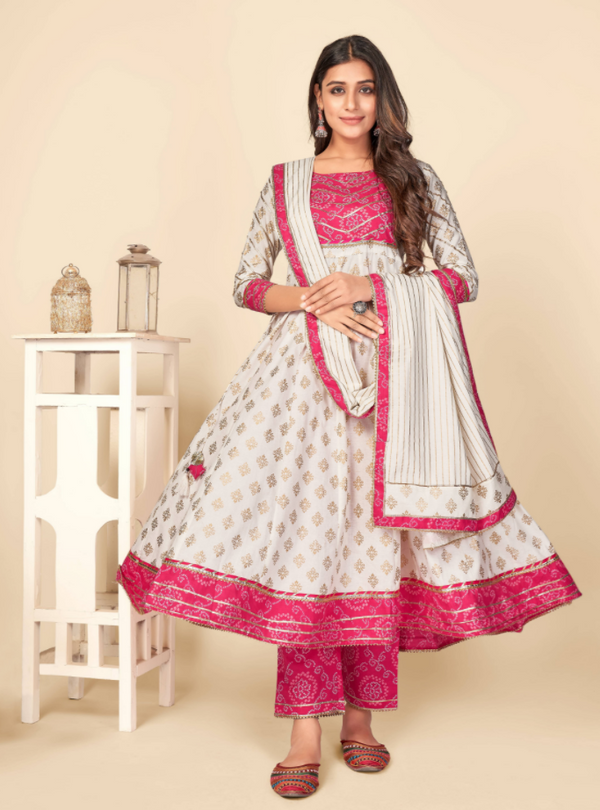 Women's Pink & White Anarkali Kurta & Pant With Dupatta Set Vbuyz- (3Pcs Set)